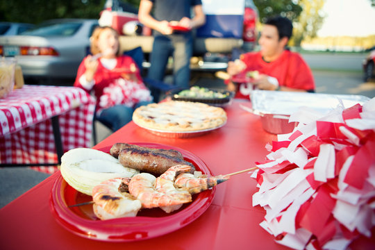 Tailgating: Football Game Snack Food Of Grilled Shrimp And Sausa