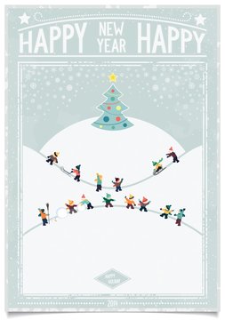 Happy new year card winter landscape in retro poster style with playing kids and christmas tree on blue grunge .background