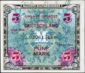 Fototapeta premium Historische Banknote, Alliierte Militärbehörde, 1944, Fünf Mark, Deutschland