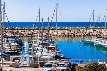  Luxury yachts moored in the marina on a bright sunny spring day, Herzliya, Israel