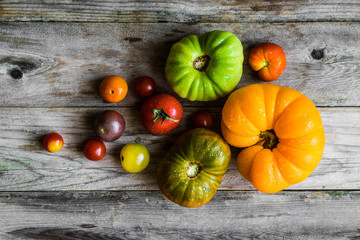 Colorful heirloom tomatoes on rustic wooden background