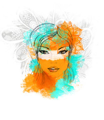 Poster with Beautiful Girl cyan orange decoration  
