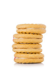 Sandwich biscuits with strawberry on white background