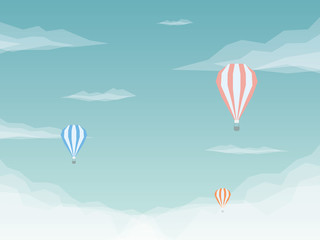 Hot air balloons vector background. Low poly design with sky and
