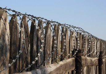 Old wooden fence with barbed wire perspective
