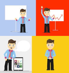 Poses of young businessmen, presentation white board, leaning on