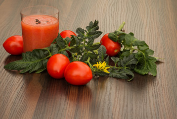 glass of tomato juice and tomato with leaves