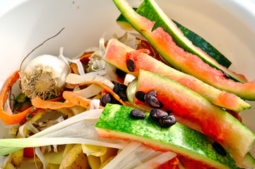 Vegetable scraps in a white plastic bowl