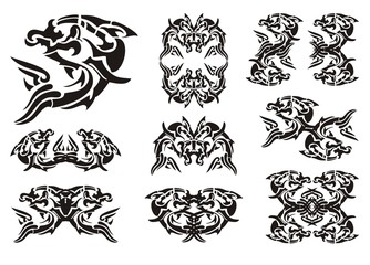 Tribal dolphin symbols. Dolphin in a jump, frames of a dolphin and double symbols of a dolphin