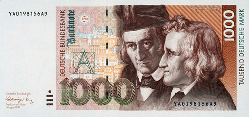 Historische Banknote, 1. August 1991, 1000 Mark, Tausend Deutsche Mark, Deutschland
