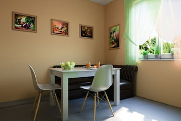 Fototapeta na wymiar 3D illustration of kitchen with beige and green facades