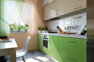 3D illustration of kitchen with beige and green facades