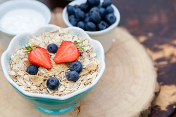 Breakfast in the garden: oatmeal cereals with berries on the dark wooden table, selective focus