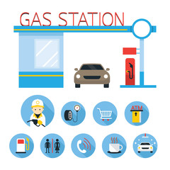 Gas Station and Service Objects icons Set, Flat Design, Minimart, Toilet, Car Wash, ATM