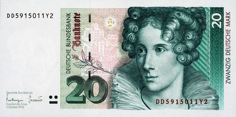 Historische Banknote, 1. Oktober 1993, 20 Mark, Zwanzig Deutsche Mark, Deutschland