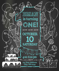 Chalk first Birthday invitation on blackboard.
