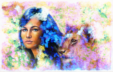 Painting collage Young woman and lion cub. eye contact.