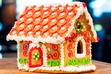 homemade gingerbread house is photographed close-up