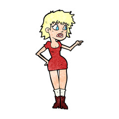 cartoon worried woman in dress pointing