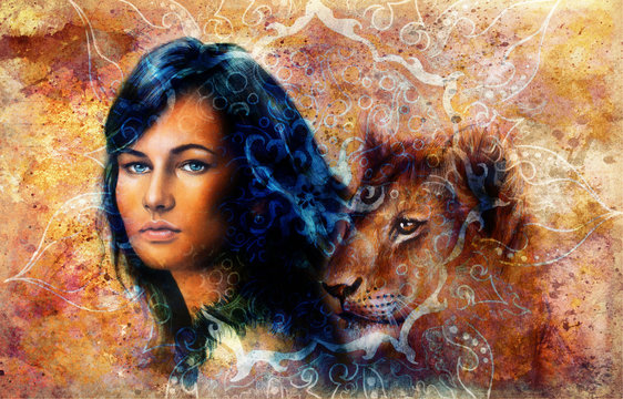 Young woman and lion cub. color painting with oriental  mandala 