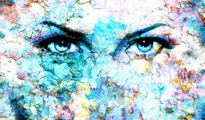 Blue goddess women eye, multicolor background. eye contact.