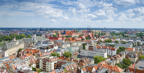Aerial view during a sunny day on the market square in Wroclaw, Poland