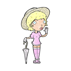 cartoon woman in summer hat waving