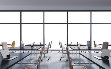 Workplaces in a modern panoramic office, copy space in the windows. Open space. White tables and brown leather chairs. A concept of financial consulting services. 3D rendering.