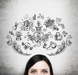 Forehead of brunette woman. Thoughts about marriage and gifts. Shopping concept. Gift icons are...