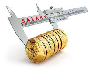 Small salary concept. Caliper measuring coins with dollar sign.