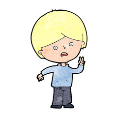 cartoon unhappy boy giving peace sign