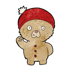 cartoon waving teddy bear in winter hat
