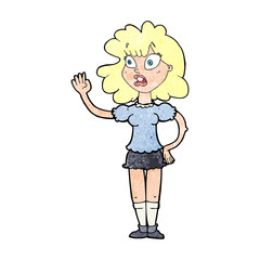 cartoon worried woman waving