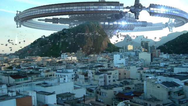 A fleet of wheel-shaped unidentified flying objects and drones, above buildings in Rio de Janeiro, Brazil, for futuristic, fantasy, interstellar travel or war-game backgrounds.