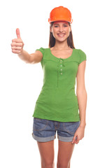 Cute woman isolated on white background in a protective helmet