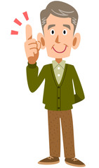 人差し指を立てて解説する老人