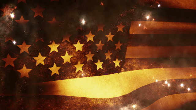Old Glory 0101: The American flag waves in the breeze as rockets and fireworks burst (Loop).