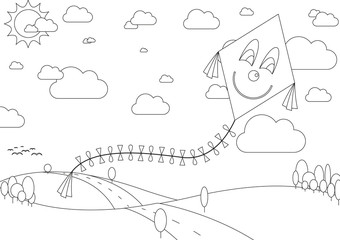 Coloring book with autumn landscape with kite during sunny day