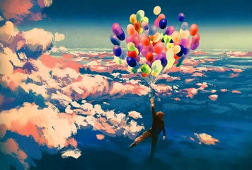 Fototapeten man flying with colorful balloons in beautiful cloudy sky,illustration painting © grandfailure
