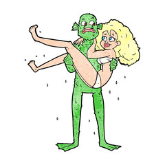 cartoon swamp monster carrying woman in bikini