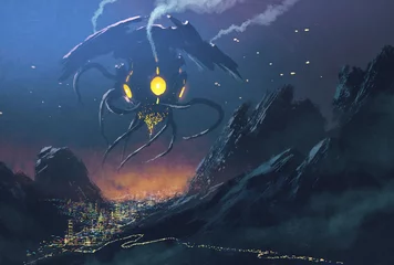 Tuinposter sci-fi scene.Alien ship invading night city,illustration painting © grandfailure