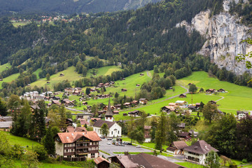 View of Lauterbrunnen Valley from the Staubbach Falls in Lauterbrunnen, Switzerland