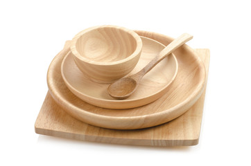 plate bowl and spoon make with wooden on white background