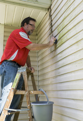Contractor On Ladder Cleaning Algae And Mold From Vinyl Siding