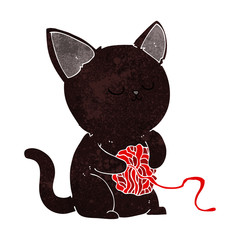 cartoon cute black cat playing with ball of yarn