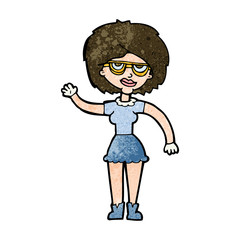 cartoon waving woman wearing spectacles