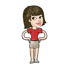cartoon happy woman with hands on hips
