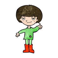 cartoon boy in poor clothing giving thumbs up symbol