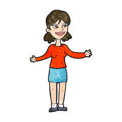cartoon happy woman shrugging shoulders