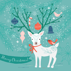 Merry Christmas greeting card design with deer and ornament. Vec